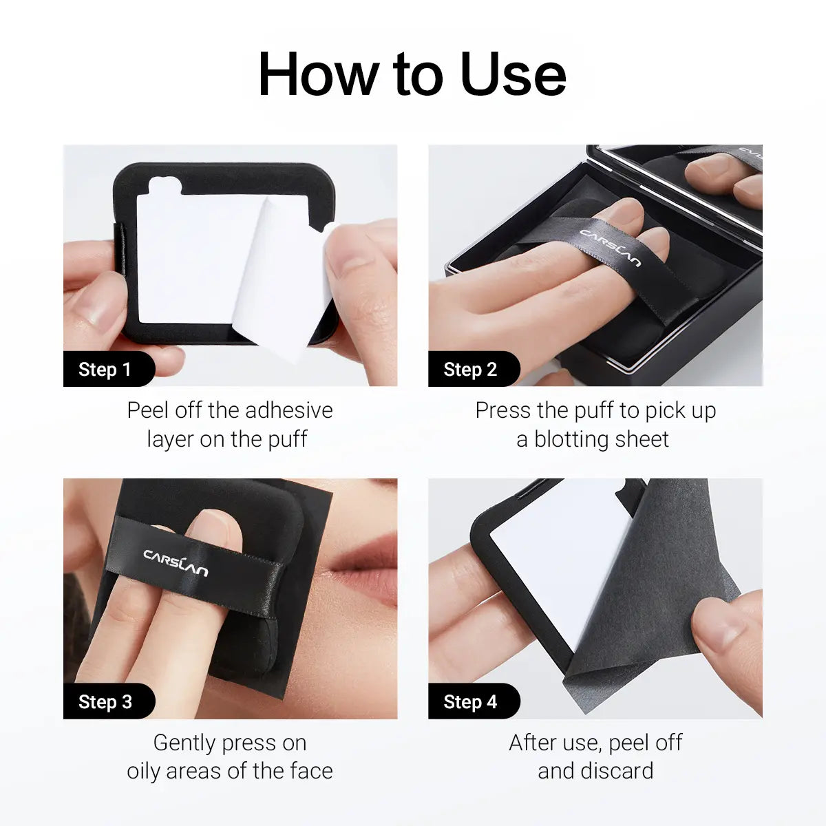 CARSLAN Black Magnet Oil Blotting Setting Sheet with Powder More Control Oil Keep Fresh 2 in 1 Blotting Sheet with Mirror Puff & Recyclable Case, 450 Sheets 1 Box 2 Refills, Oil Sucker Blotting Paper, for Touch Up
