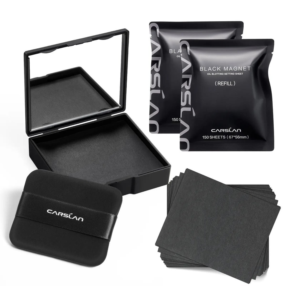 CARSLAN Black Magnet Oil Blotting Setting Sheet with Powder More Control Oil Keep Fresh 2 in 1 Blotting Sheet with Mirror Puff & Recyclable Case, 450 Sheets 1 Box 2 Refills, Oil Sucker Blotting Paper, for Touch Up
