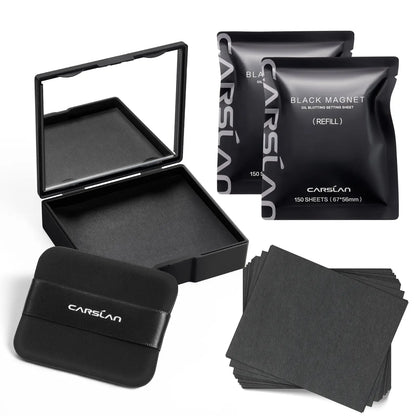 CARSLAN Black Magnet Oil Blotting Setting Sheet with Powder More Control Oil Keep Fresh 2 in 1 Blotting Sheet with Mirror Puff & Recyclable Case, 450 Sheets 1 Box 2 Refills, Oil Sucker Blotting Paper, for Touch Up