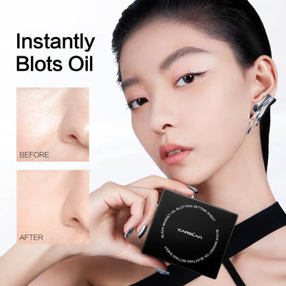 CARSLAN Black Magnet Oil Blotting Setting Sheet with Powder More Control Oil Keep Fresh 2 in 1 Blotting Sheet with Mirror Puff & Recyclable Case, 450 Sheets 1 Box 2 Refills, Oil Sucker Blotting Paper, for Touch Up