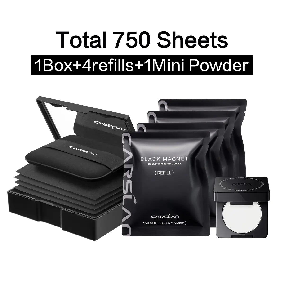 CARSLAN Black Magnet Oil Blotting Setting Sheet with Powder More Control Oil Keep Fresh 2 in 1 Blotting Sheet with Mirror Puff & Recyclable Case, 450 Sheets 1 Box 2 Refills, Oil Sucker Blotting Paper, for Touch Up