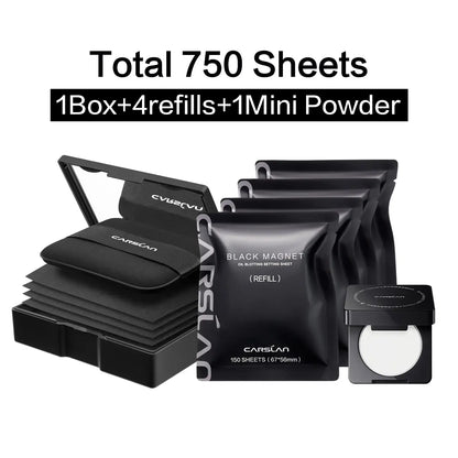 CARSLAN Black Magnet Oil Blotting Setting Sheet with Powder More Control Oil Keep Fresh 2 in 1 Blotting Sheet with Mirror Puff & Recyclable Case, 450 Sheets 1 Box 2 Refills, Oil Sucker Blotting Paper, for Touch Up
