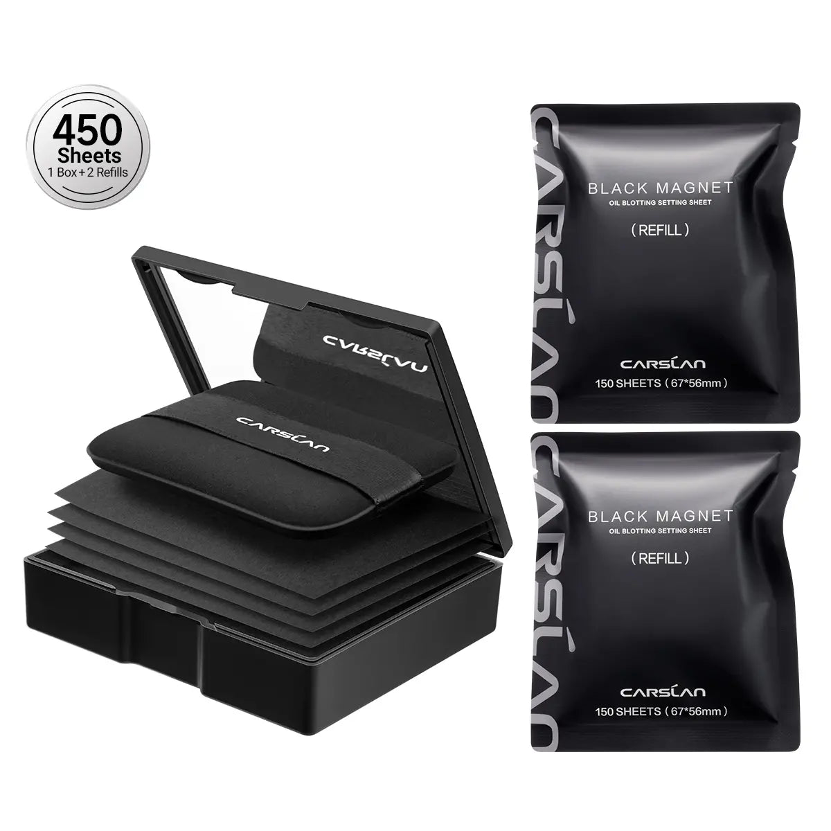 CARSLAN Black Magnet Oil Blotting Setting Sheet with Powder More Control Oil Keep Fresh 2 in 1 Blotting Sheet with Mirror Puff & Recyclable Case, 450 Sheets 1 Box 2 Refills, Oil Sucker Blotting Paper, for Touch Up