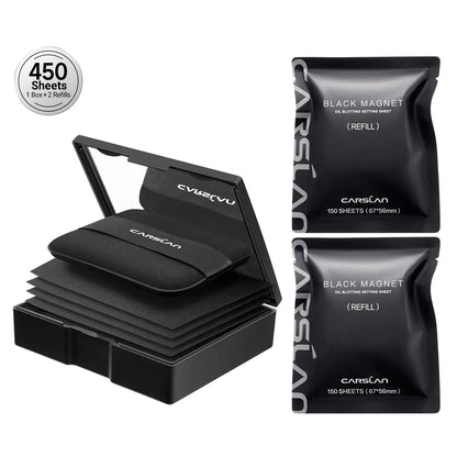 CARSLAN Black Magnet Oil Blotting Setting Sheet with Powder More Control Oil Keep Fresh 2 in 1 Blotting Sheet with Mirror Puff & Recyclable Case, 450 Sheets 1 Box 2 Refills, Oil Sucker Blotting Paper, for Touch Up