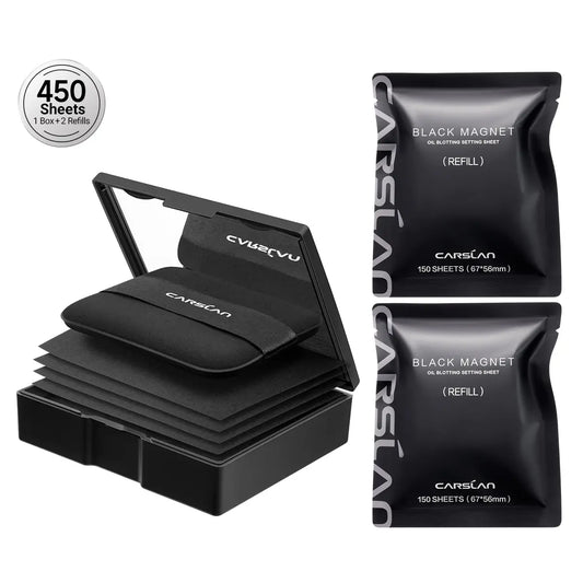 CARSLAN Black Magnet Oil Blotting Setting Sheet with Powder More Control Oil Keep Fresh 2 in 1 Blotting Sheet with Mirror Puff & Recyclable Case, 450 Sheets 1 Box 2 Refills, Oil Sucker Blotting Paper, for Touch Up