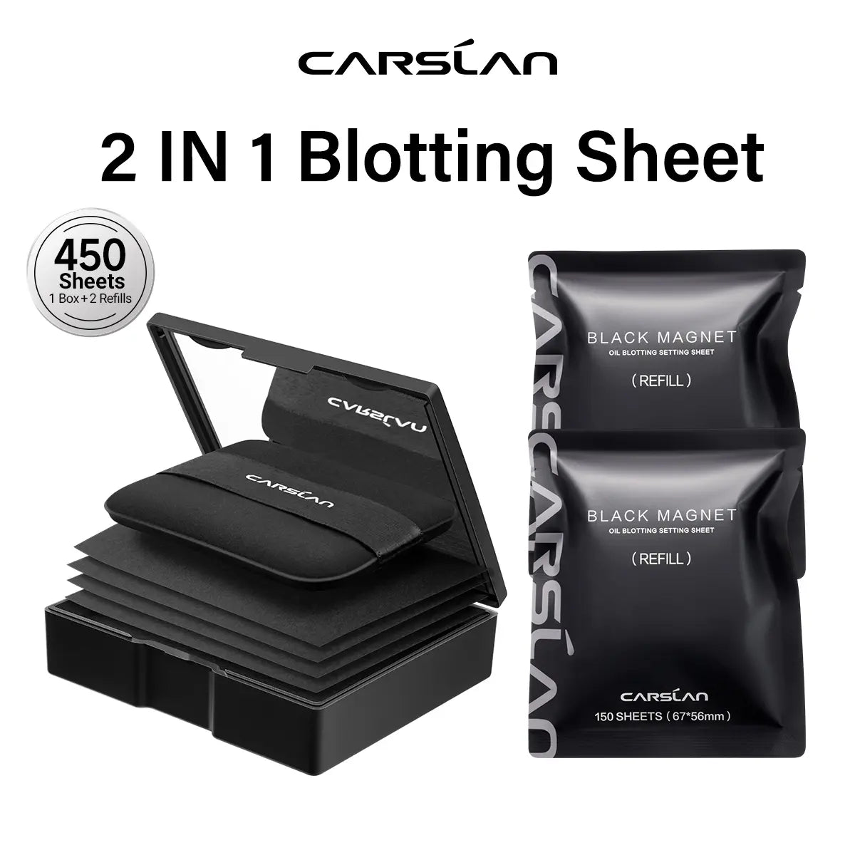 CARSLAN Black Magnet Oil Blotting Setting Sheet with Powder More Control Oil Keep Fresh 2 in 1 Blotting Sheet with Mirror Puff & Recyclable Case, 450 Sheets 1 Box 2 Refills, Oil Sucker Blotting Paper, for Touch Up
