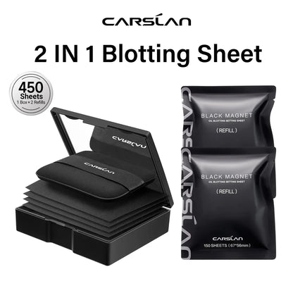 CARSLAN Black Magnet Oil Blotting Setting Sheet with Powder More Control Oil Keep Fresh 2 in 1 Blotting Sheet with Mirror Puff & Recyclable Case, 450 Sheets 1 Box 2 Refills, Oil Sucker Blotting Paper, for Touch Up